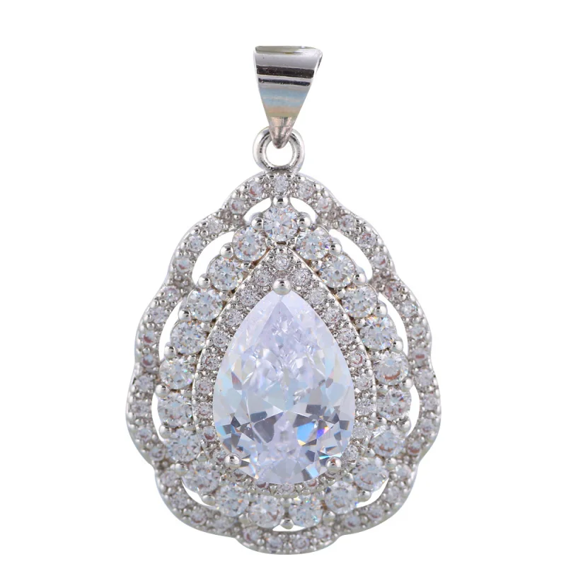 

ROLILASON White Zircon Water drop Silver filled 925 stamped Wedding Jewelry Sets Earrings Necklace rings JS703