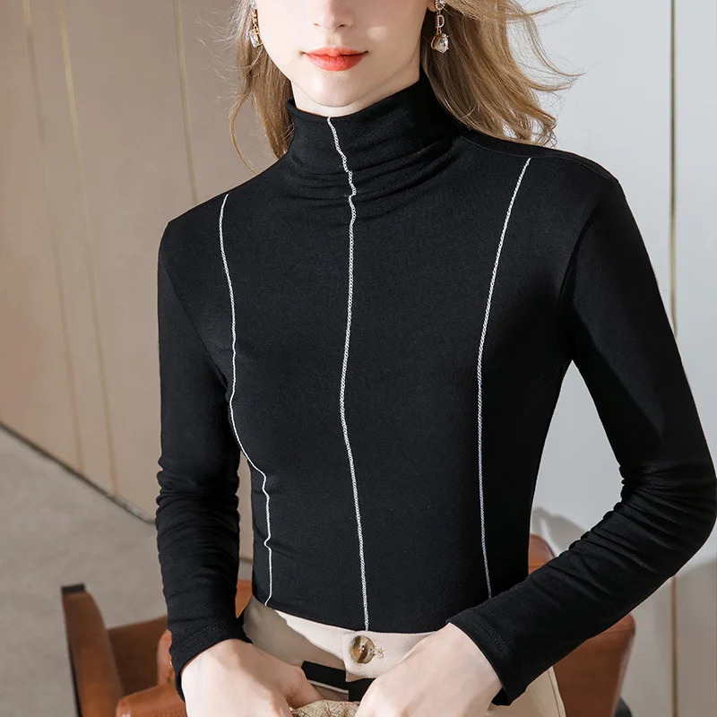 

High collar base coat women's autumn and winter new women's wear with long sleeve T-shirt and vertical stripe design