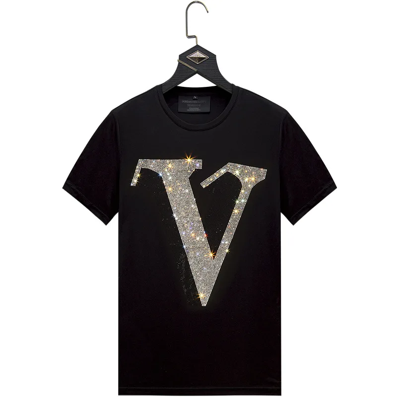 

Футболка мужская черная, с коротким рукавом, V-образным вырезом, инкрустированная бриллиантами, в стиле хип-хоп, размера плюс 6XL