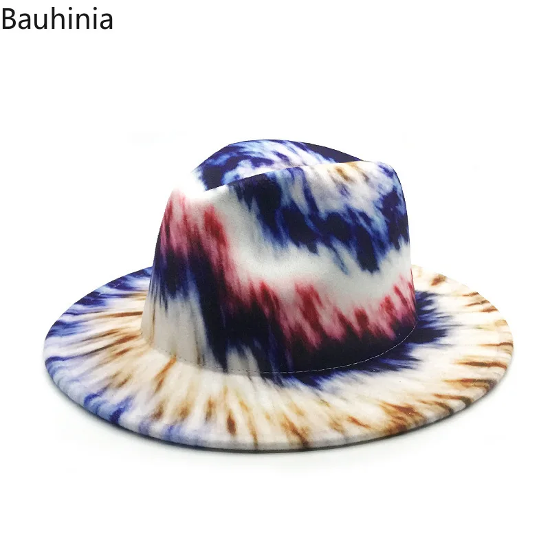 

Bauhinia Women Colorful Felt Fedoras Hat Fashion Tie Dye Wide Brim Church Top Jazz Hat Panama Party Trilby Cap