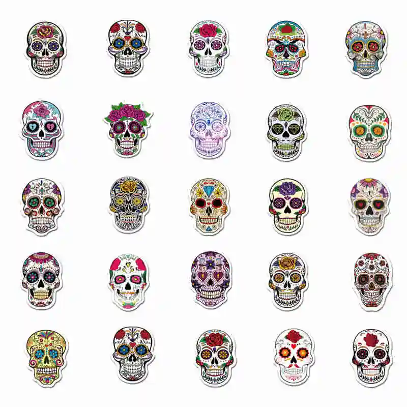 Pegatinas de calavera de az&uacute;car de dibujos animados para ni&ntilde;os, 50 Uds., pegatinas impermeables para monopat&iacute;n, guitarra, port&aacute;til, grafiti, PVC, calcoman&iacute;as de coche, juguete para ni&ntilde;os-3
