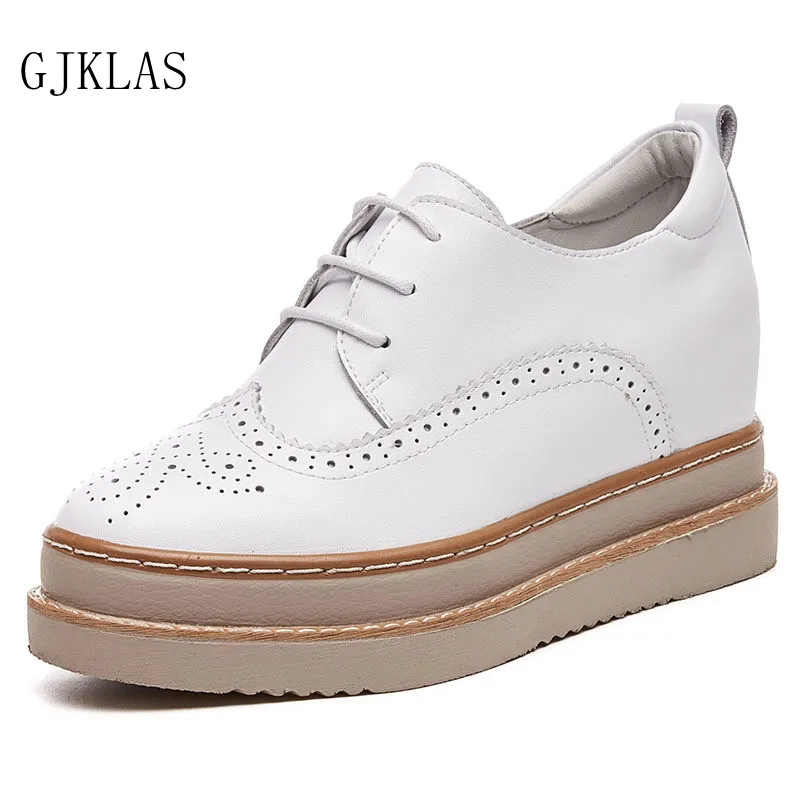 

Brogue Wedge Sneakers Platforms Genuine Leather Casual Shoes Woman High Heel Sneakers Women Lace Up Comfy Female Platform Shoes