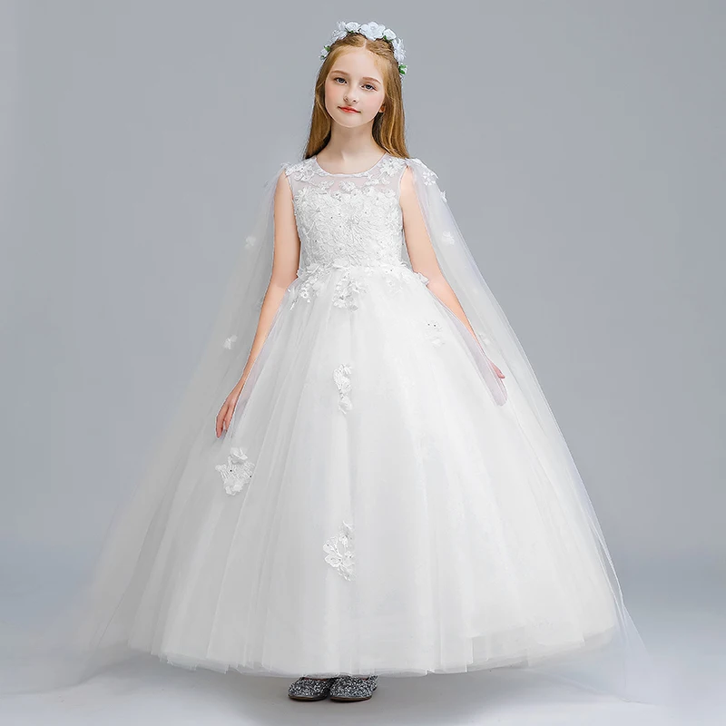 

Ball Gown Appliques Floor-Length White Sleeveless O-Neck Elegant Kids Party Communion Dresses Girl Dresses For Weddings DH144