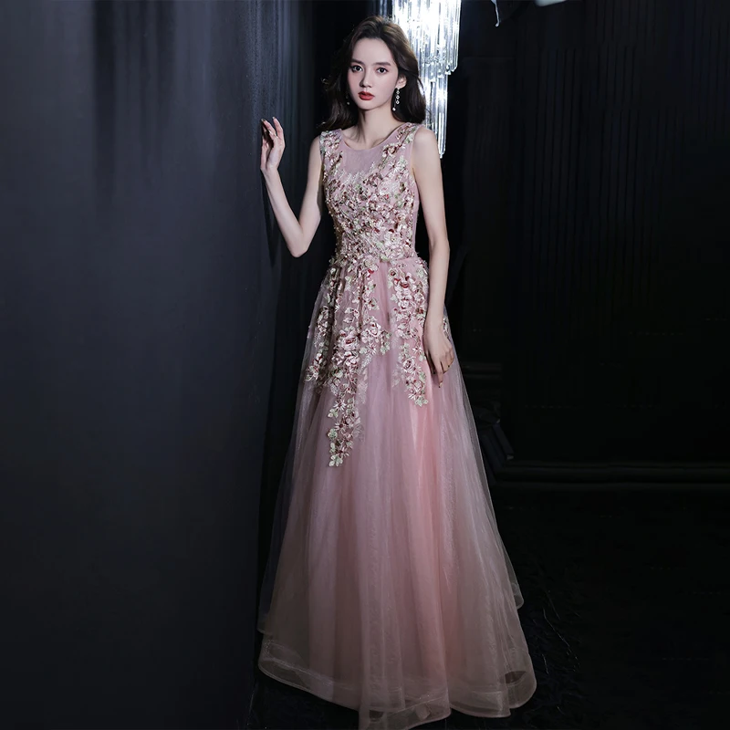 

Flowers Embroidery Evening Dress Sleeveless Empire Luxurious A-Line O-Neck Ruched Floor-Length Woman Formal Party Gowns A1236