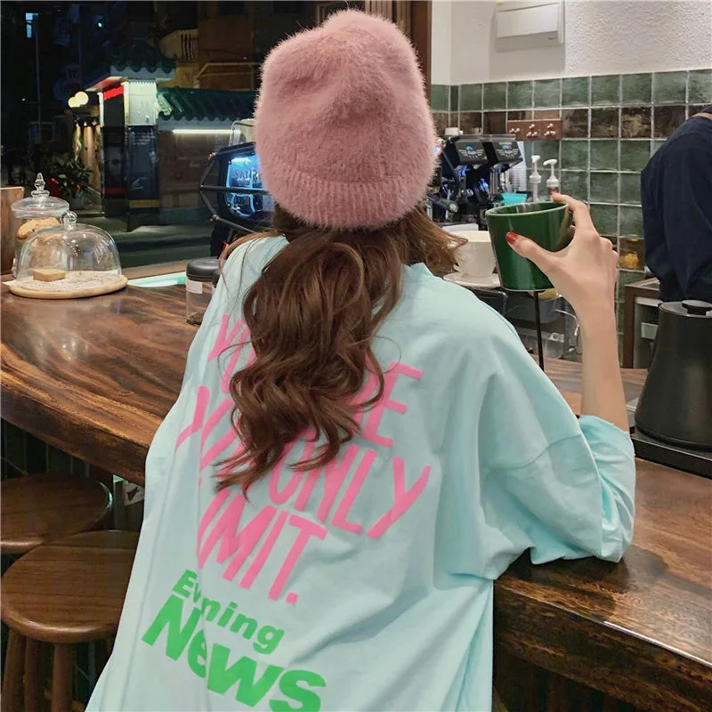

2021 Letter Printed Sweet Fresh All Match Oversize Loose Basic Summer Vintage Short Sleeve Female Women Top T-shirts