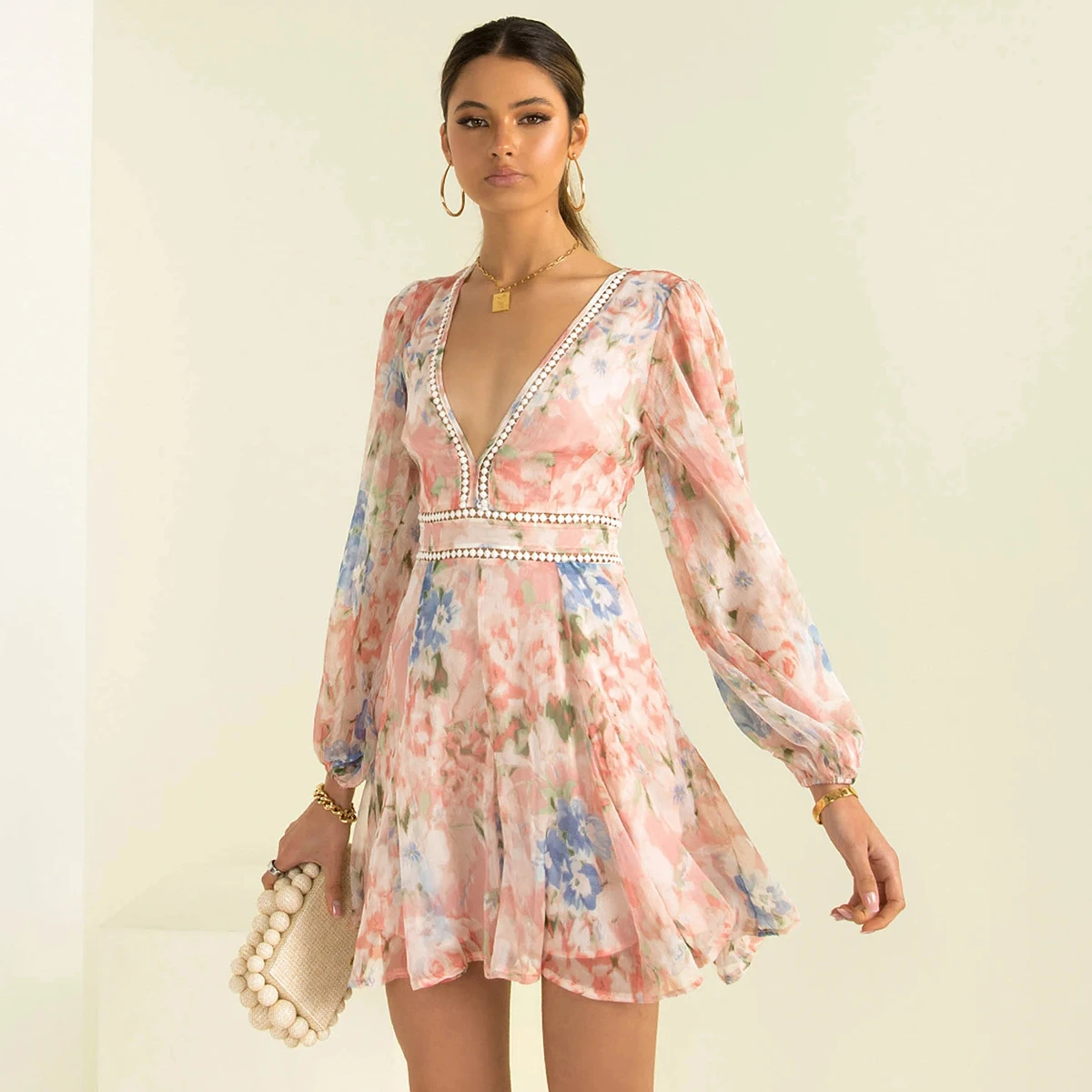 

Pirate Hippie Hollow Out Floral Printed Mini Dress for Women V-neck Puff Sleeve A-line Dress Boho Autumn Beach Vintage Vestidos