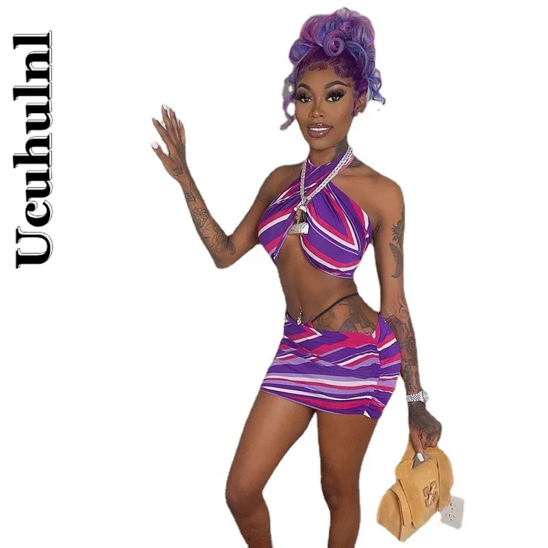 

Ucuhulnl Stripe Women 2 Piece Set Halter Crop Top Cross Mini Skirt Bodycon Sexy Streetwear Party Club 2021 Summer Outfit