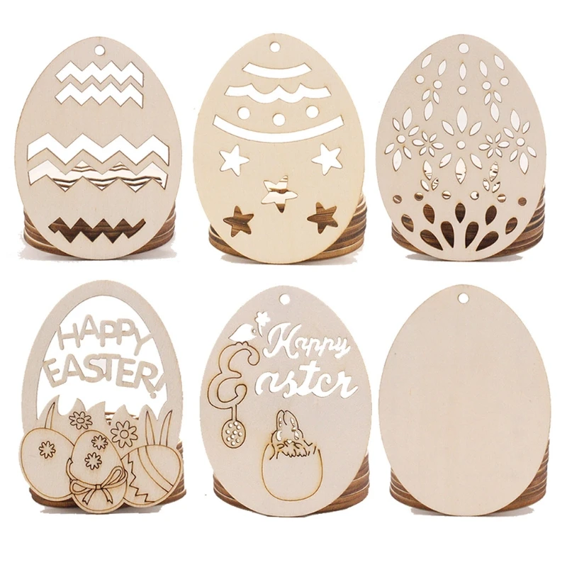 

10 Pcs/Set Happy Easter Party Wooden Ornaments Cute Carving Egg Shape Slice Disk
