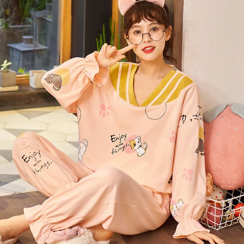 

Пижамы из хлопка, ночная рубашка, для женщин топ на бретелях с изображением собаки пижамы с узором с длинными рукавами Осенние теплые пижамы...