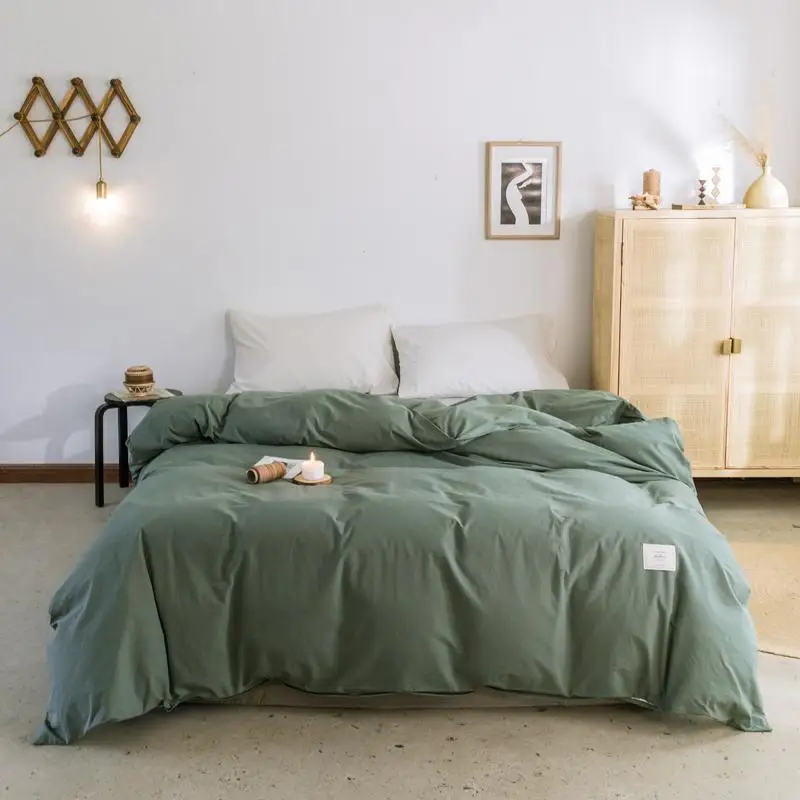 

302020 Hot Sale Solid color 100% Cotton Reversible Bedding Set Quilt Dark green Duvet Cover AB Version Breathable Comfortable
