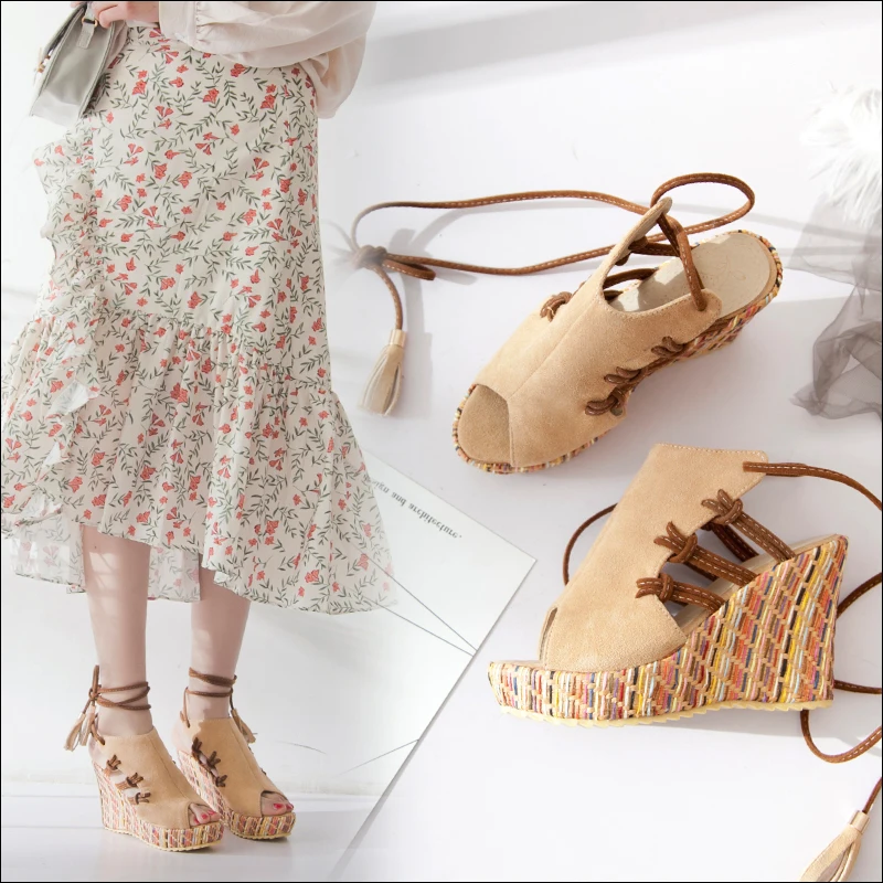 

Retro Style Women Sandals New Ankle Strap Cross-tied Super High Wedges With Platform Mixed Colors Sandals Female Plus Size 43