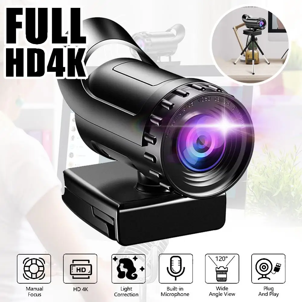 

Full HD Webcam with Microphone 1080P/2K/4K Plug and Play USB Computer Camera for Skype, Youtube