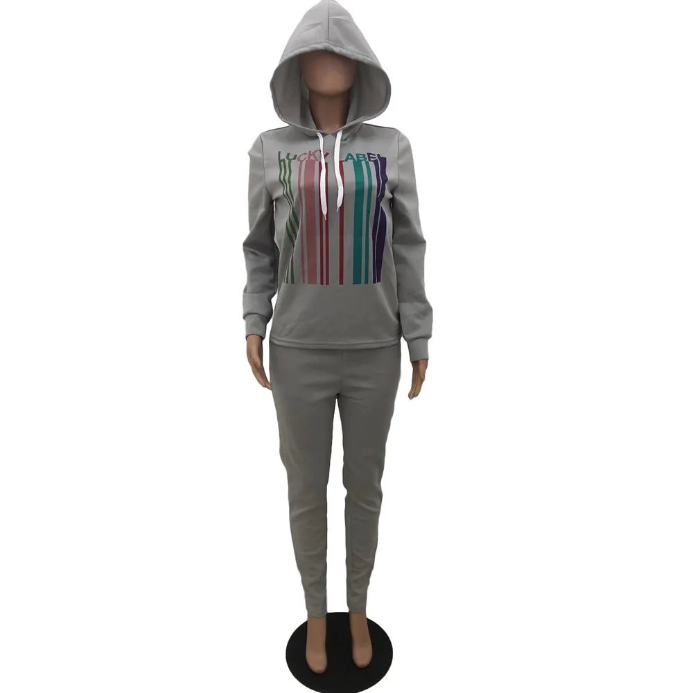 

Activewear Sporty Matching Women Two Piece Set Lucky Label Striped Print Hooded Hoodie+drawstring Jogger Pant Workout Tracksuits