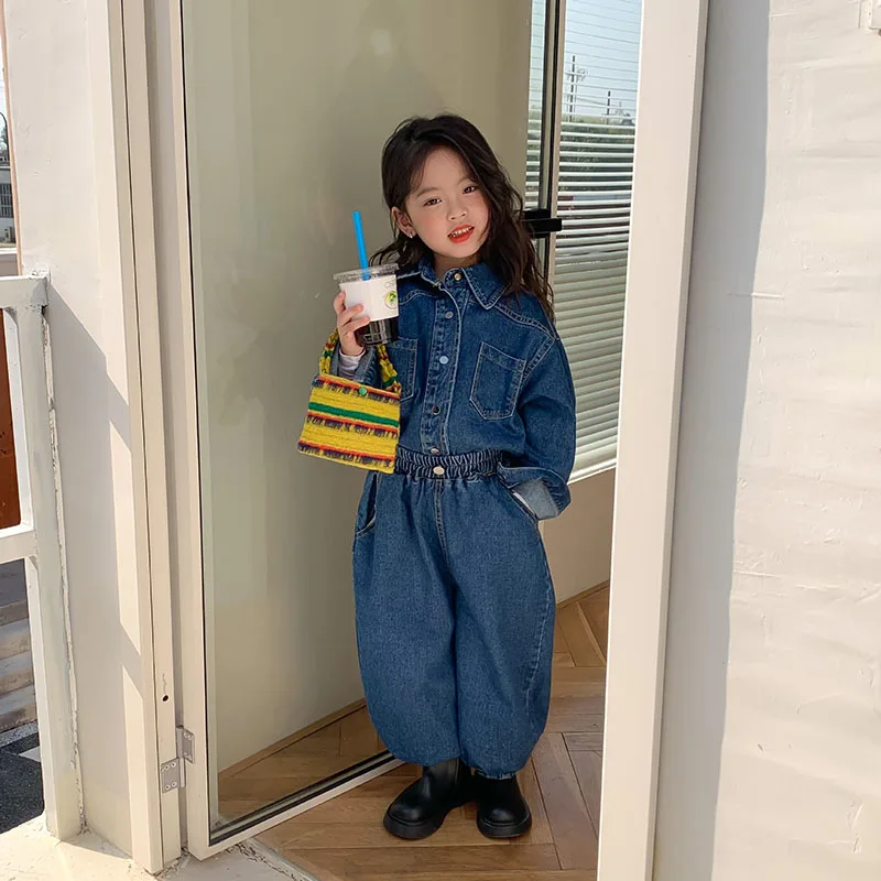 

Новинка весны 2022, детская одежда, джинсовый костюм для девочек в портовом стиле, джинсовая рубашка + джинсы 2-436