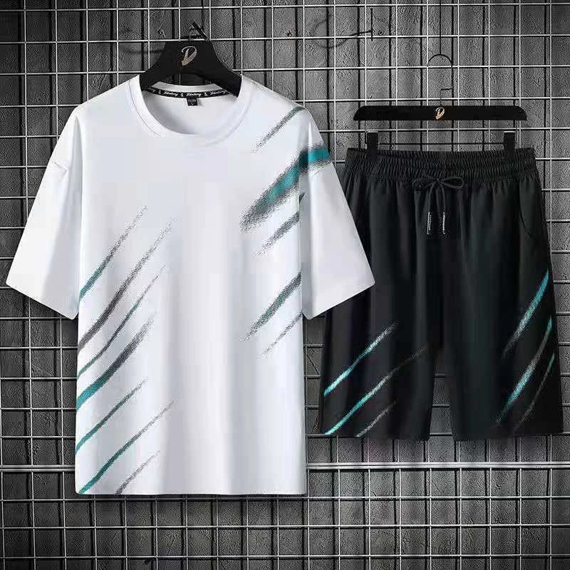 

S-4XL для мужчин, комплект спортивной одежды, летняя футболка в европейском стиле + шорты комплект из двух предметов с модным принтом с коротки...