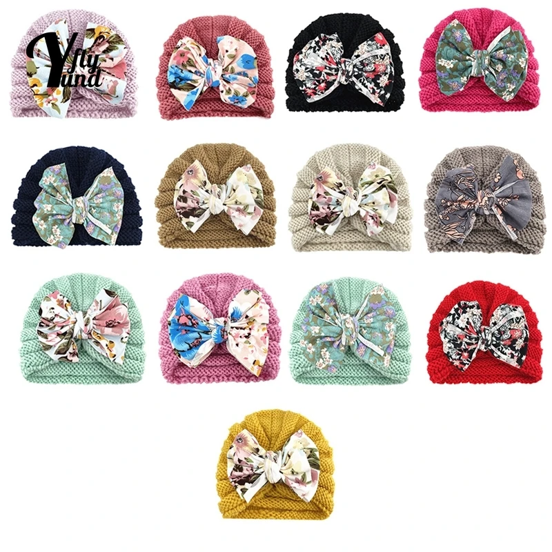 Yundfly estampado Vintage Bowknot sombreros de beb&eacute; del oto&ntilde;o y el invierno de la moda caliente tejer gorras de lana de los ni&ntilde;os sombreros Ropa Decoraci&oacute;n-2