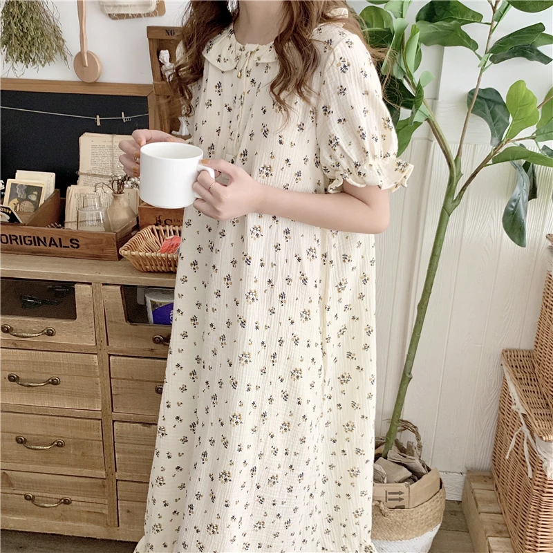 

CBAFU crepe gauze cotton women nightgowns peter pan collar short sleeve floral print home dress sleepwear summer loungewear N067