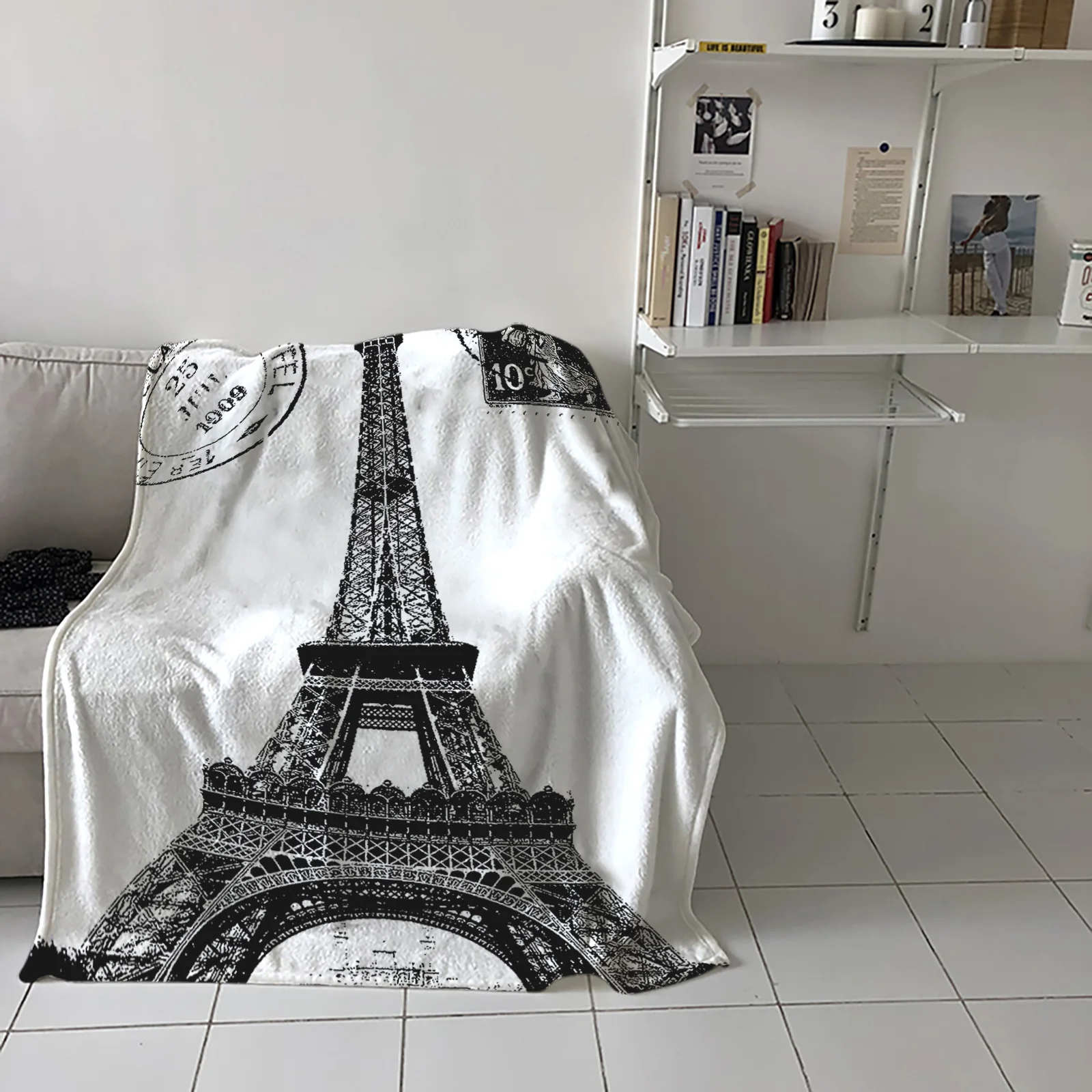 

Eiffel Tower Retro Postmark Throw Blanket Picnic Travel Blanket Portable Soft Bedspread Microfiber Flannel Blankets for Beds