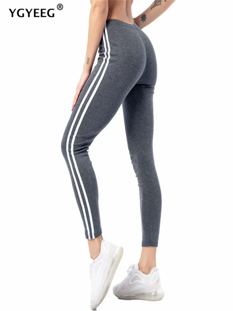 YGYEEG Black Striped Pants Elastic Trousers Print Side Slim Fitness Leggings Women Workout Push Up Ankle Length Soft Sportswear