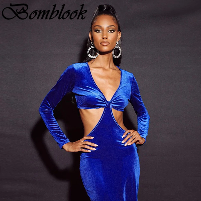 

Bomblook Sexy Party Club Bodycon Dresses For Women 2021 Autumn Solid V-neck Long Sleeve Cut Out Midi Dress Female Streetwears