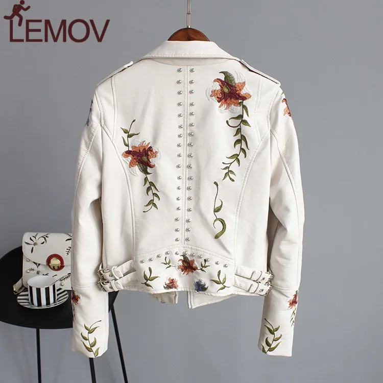 Женский цветочный узор вышивка куртка из искусственной мягкой кожи пальто с