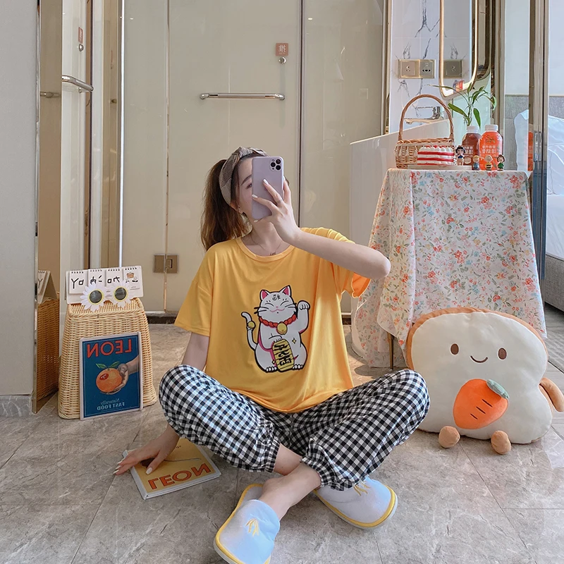 

Girl Nightwear Women Autumn Short Sleeve Pijama Student Loose Korean Pyjamas Set Girls Sweet Cute Leisure Female Sleepwear Set