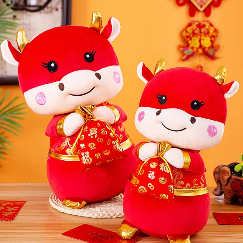 

Chinese New Year Animal Plush Red Cattle Doll Cow Lucky Doll Stuffed Animal Plush Cow Doll for 2021 Ox Chinese New Year