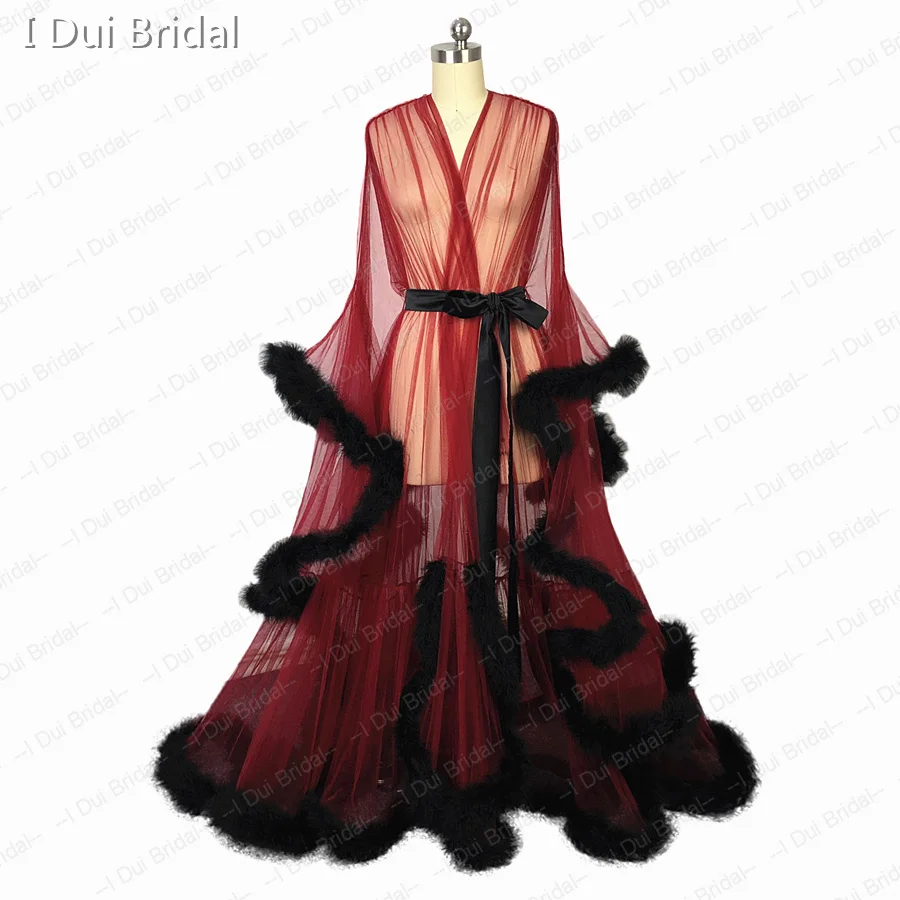 Burgundy black mix Румяна Розовый перо Свадебный халат Тюль Иллюзия свадебный подарок церемония праздничная одежда халат - Цвет: Burgundy black mix