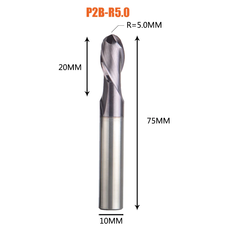1PC-P2B-R5.0 1 шт. торцевая фреза с шариковым концом 2 флейты R0.5-R6.0 фрезерный станок с ЧПУ для обработки металлических граней и пазов hrc50 концевые фрезы с покрытием - Длина режущей кромки: 1PC-P2B-R5.0