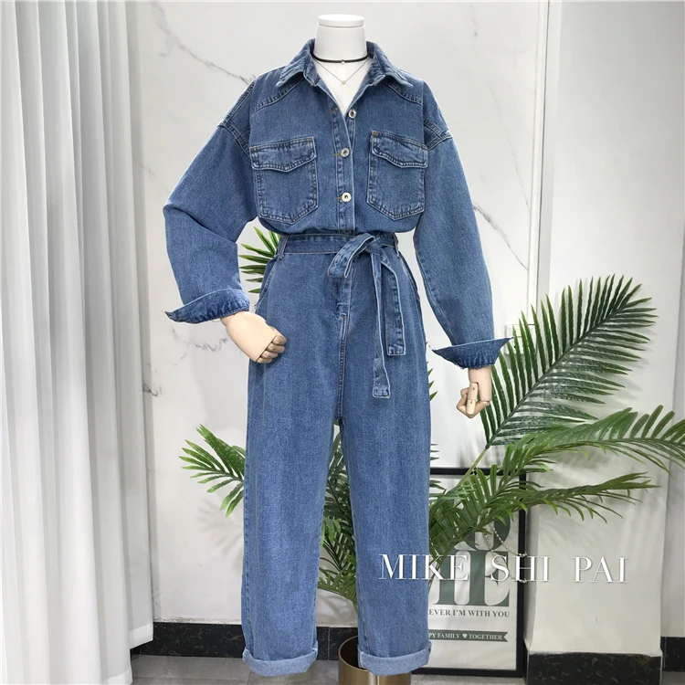 2020 New Korean Solid Color Loose Denim Jumpsuit Cowboy Pants Women's Spring Long Sleeve Full Length Playsuit Rompers