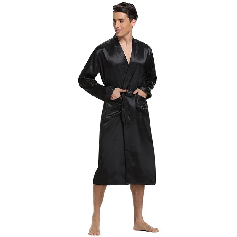 Male Robe Sleepwear Faux Silk Nightwear Casual Kimono Bathrobe Gown Solid Nightgown Homewear Men Loungewear Home Clothes