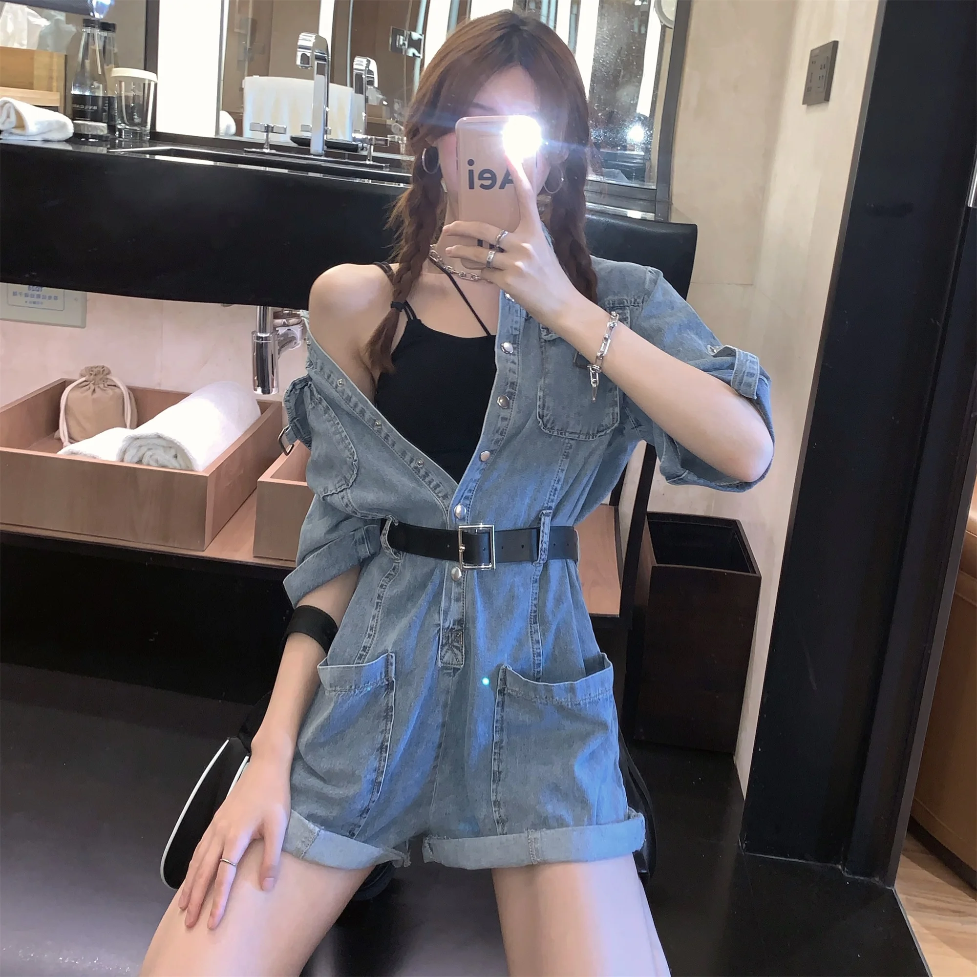 

Workwear Denim Jumpsuit Women's Summer 2021 New Multi-Pocket Jumpsuit High Waist Slimming Internet Celebrity Wide Leg Shorts