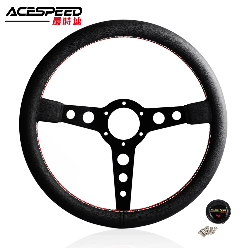 

14Inch Steering wheel 350mm Flat Genuine Leather Black Drift racing steering wheel With horn button two colors stitching