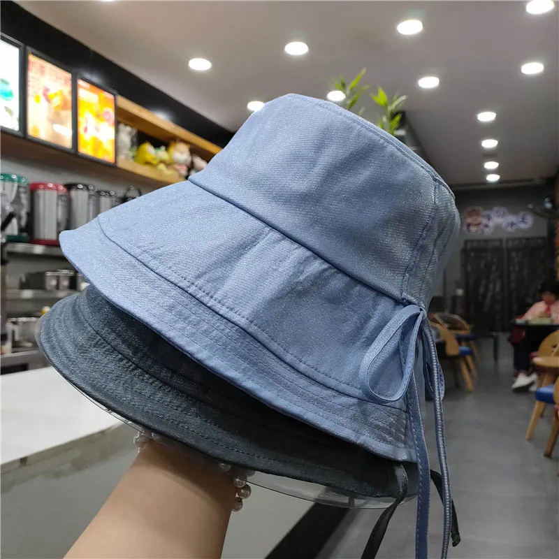 2021 Cap Summer New Women Drawstring Bucket Hats Fashion Breathable Casual Sandy Beach Collapsible Shading Sun Hats QDKPOTC