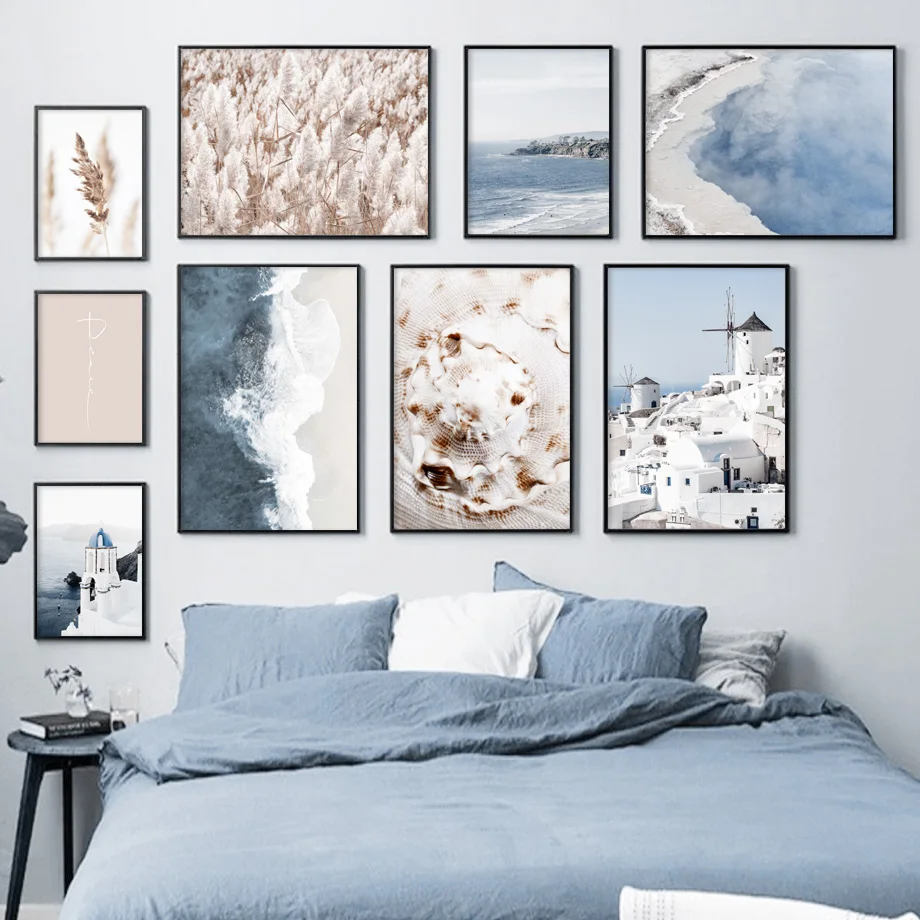 

Настенная картина с изображением Санторини, морской пейзаж, пляжа, раковины, колокольчика, башни, скандинавские постеры и принты, настенные ...