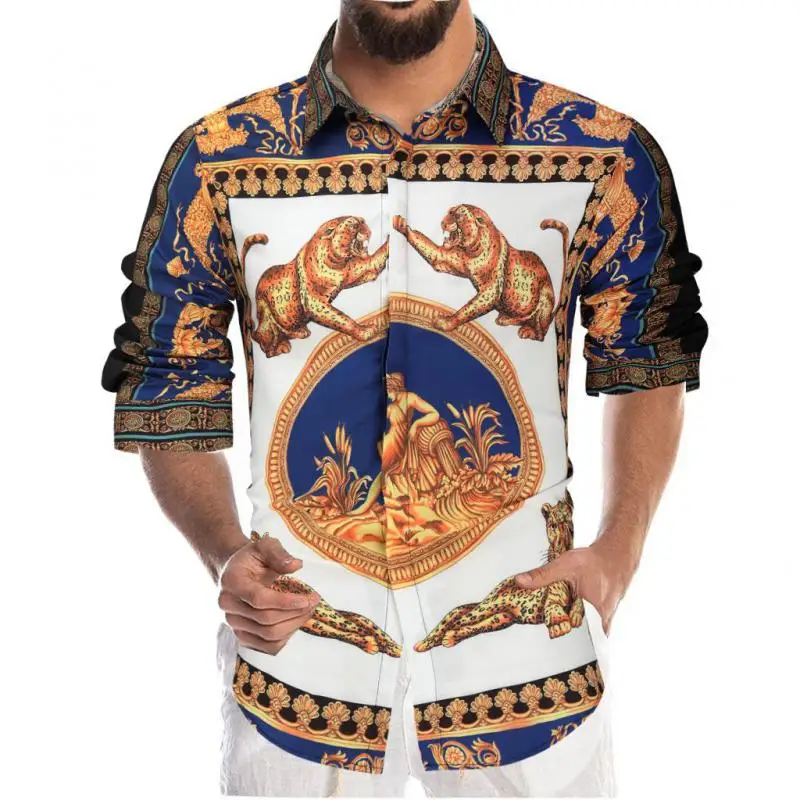 

2021 Autumn& Winter New Simple 3d Printed Shirt Loose Plus Size Lapel Ethnic Style Men Long Sleeved Flower Shirt Free Shipping