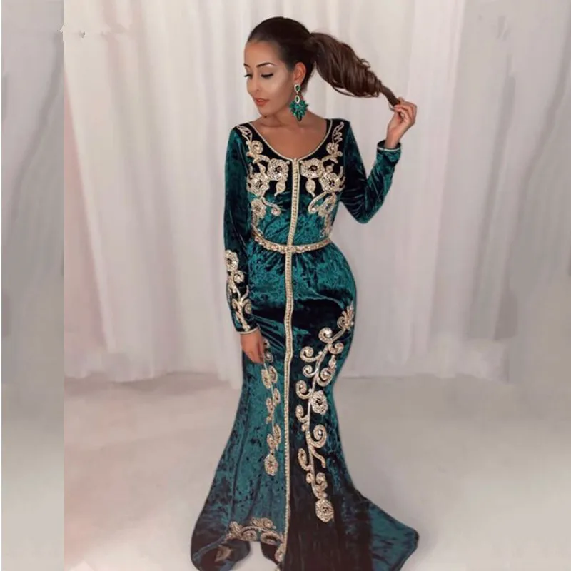 

Teal Moroccan Kaftan Caftan Muslim Evening Dresses Mermaid Long Sleeves Velvet Appliques Dubai Arabic Turkey Abaya Islamic Gown