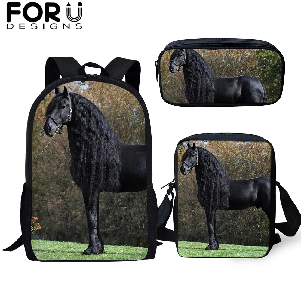 FORUDESIGNS/3 шт./компл. красивый фризская лошадь печати школьная сумка для мальчиков и подростков, рюкзак для девочек, детей, студентов рюкзак для путешествий
