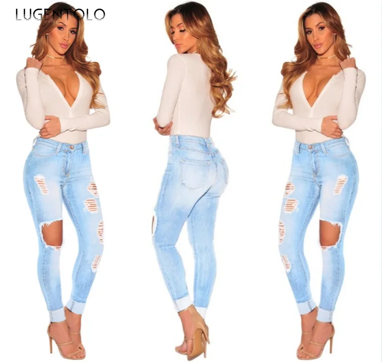 

Lugentolo Women Sexy Jeans Ripped Skinny Casual Hole Jeans High Waist Slim-fit Fashion Female Long Pencil Jeans