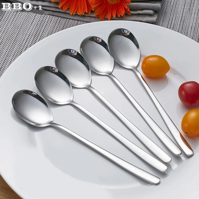 

5pcs 304 Long Handle Dinner Spoons Stainless Steel Korean Coffee Teaspoon Dessert Mixing Spoon Round Soup Tablespoon 8'' 20.5cm