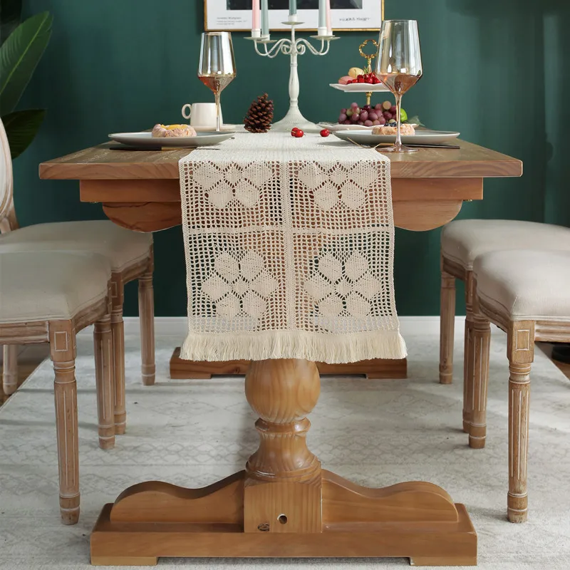 

Knitted Hollow Table Runner Beige Lace Table Runner Tablecloth with Tassel Table Runner Wedding Decoration Table Cloth American