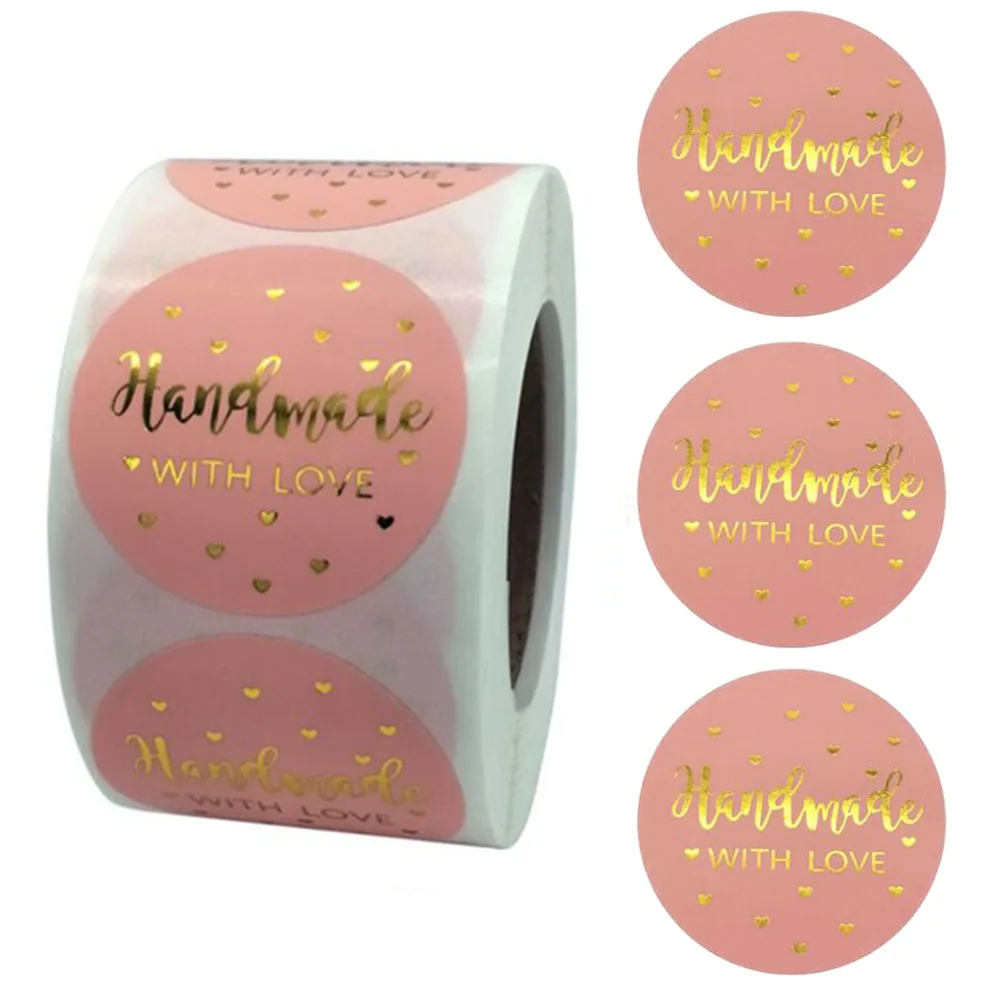 

500pcs/roll 1Inch Gold Foil Handmade with Love Stickers Labels Pink Seal Sticker For Wedding Birthday Party Favors Labels