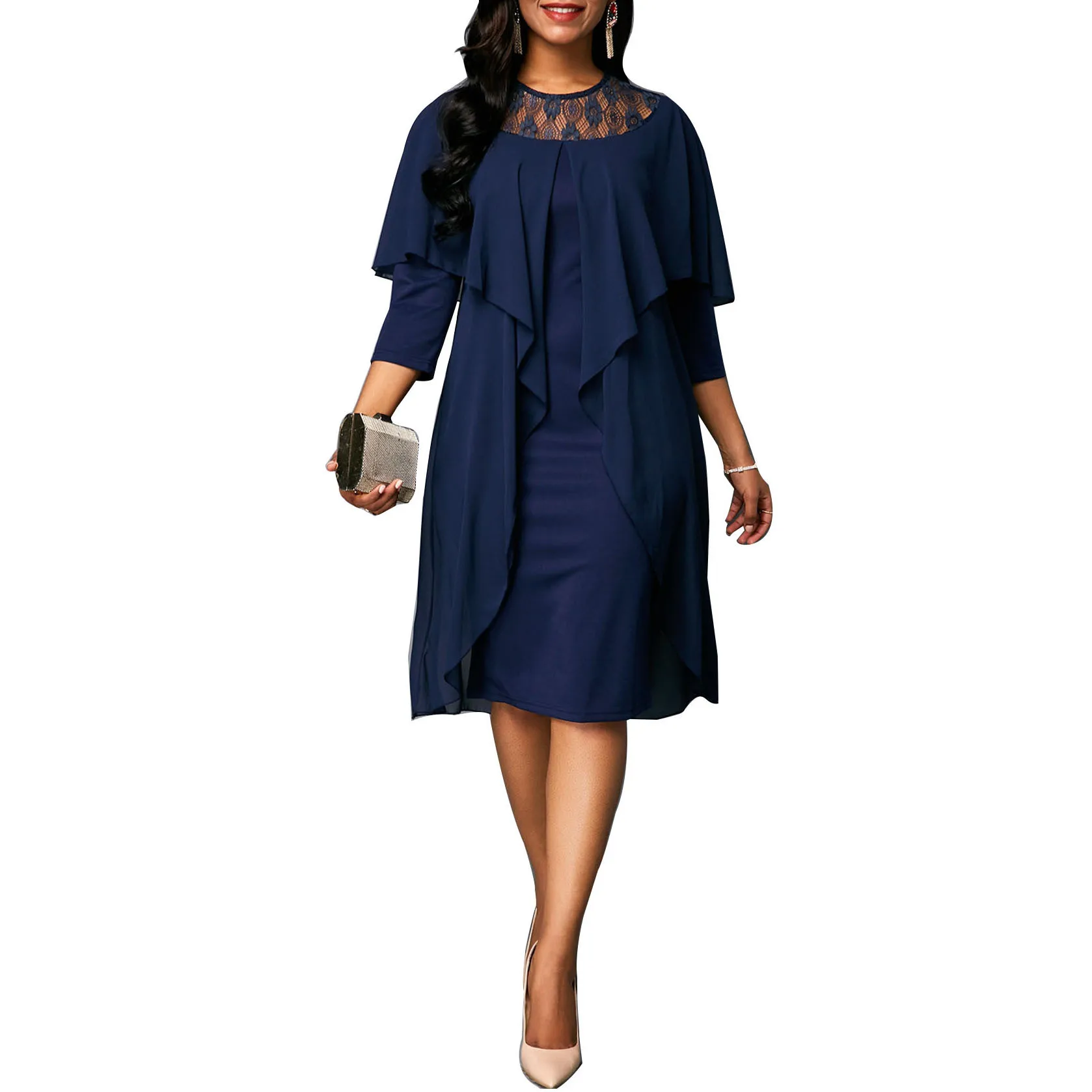 

Plus Size Elegant Lace Patchwork Ruffle Dresses Women Chiffon Dress Casual Loose 3/4 Sleeve O Neck Irregular Layered Midi Dress