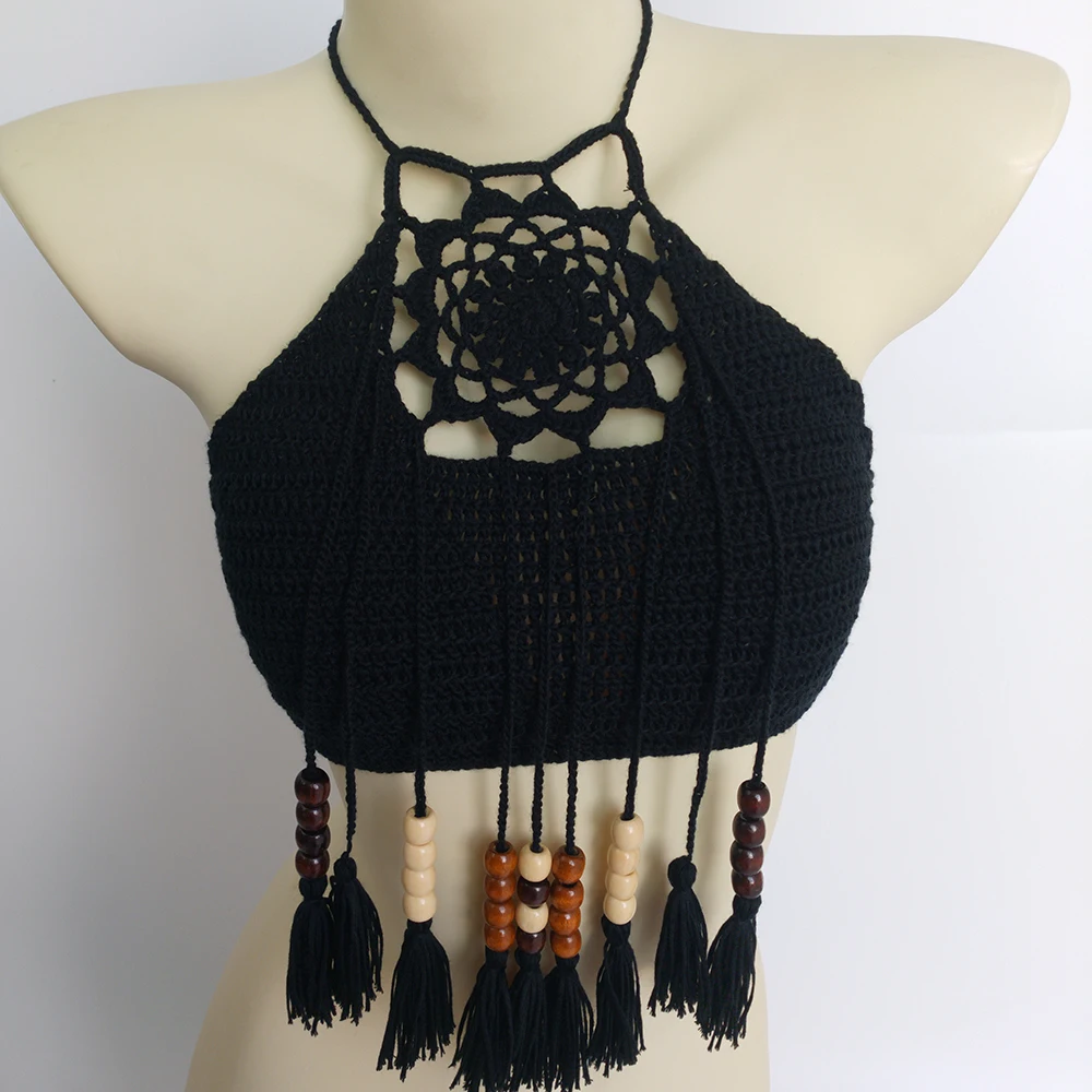 black top Сексуальный женский бикини с кисточками Топ Белый Boho пляжный купальник бахрома вязаная крючком бикини бюстгальтер Холтер Лифчики майка Купальник Горячая Распродажа - Цвет: black top
