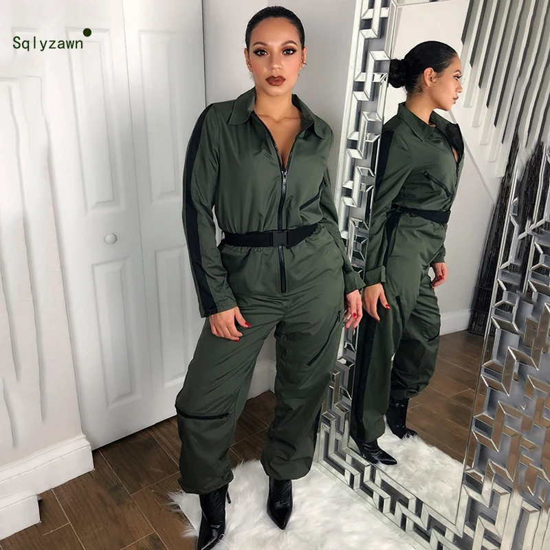 Женский Облегающий комбинезон на молнии с длинным рукавом и поясом уличная