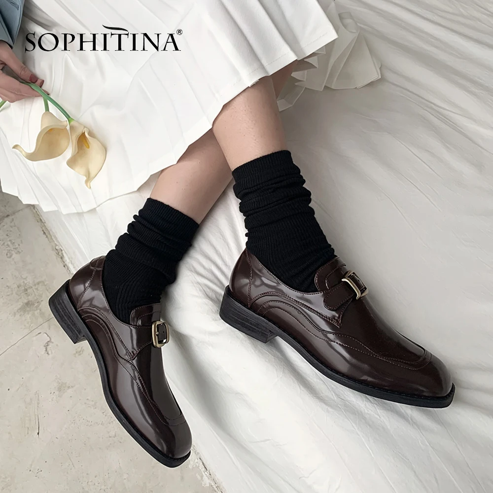 

SOPHITINA Casual Flats Women Metal Decoration Slip-On Comfortable Solid Handmade Square Heel Shoes Fashion Loafers Flats PO507