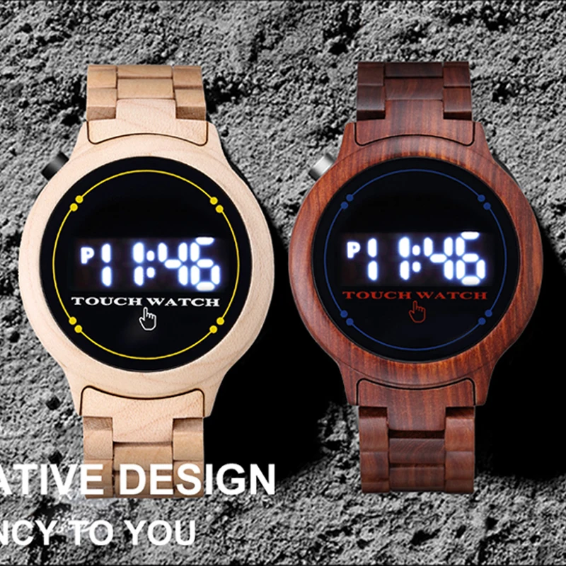 

Men's Watches Unisex Wooden Case LCD Touch Screen Digital Watch Women Electronic Clock Timepieces Sport Watch Relogio Masculino