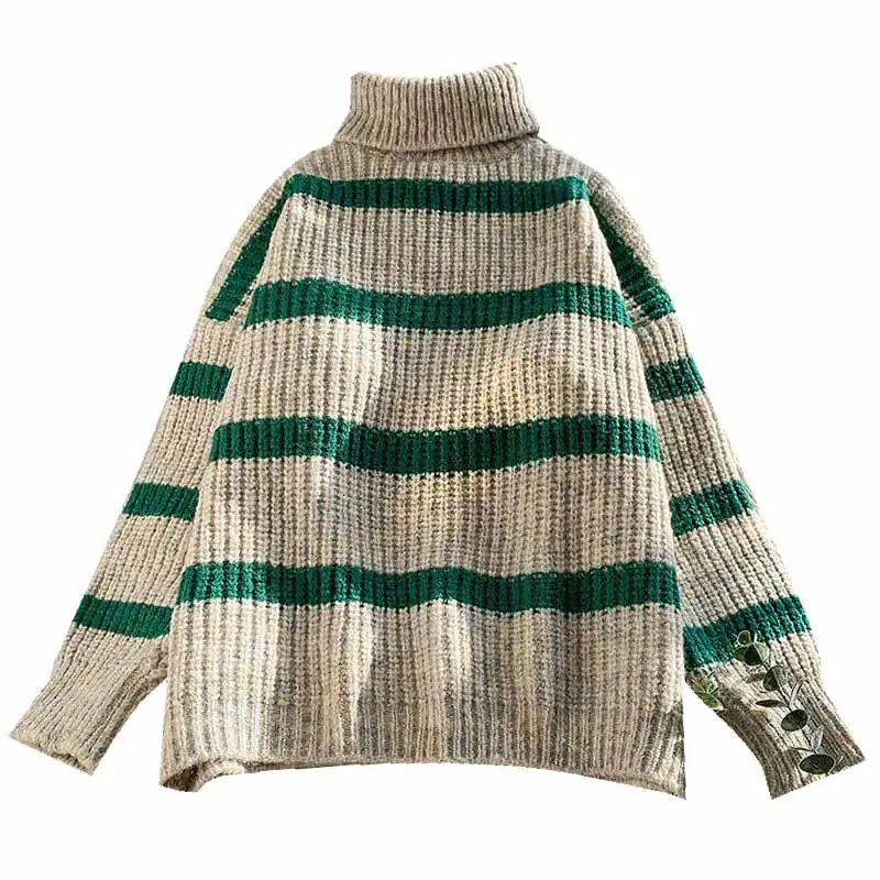 

Turtleneck Knitted Striped Women Sweater Pullovers Loose Thicken Warm Fleece Female Pulls Outwear Coats Tops