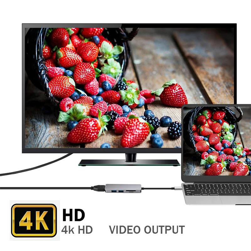 

USBC to HDMI-compatible 2 USB 3.0 5Gbs SD TF Card Slot 4K 30Hz 1080P HDTV Display Video Output Type C Hub Adapter for MacBook