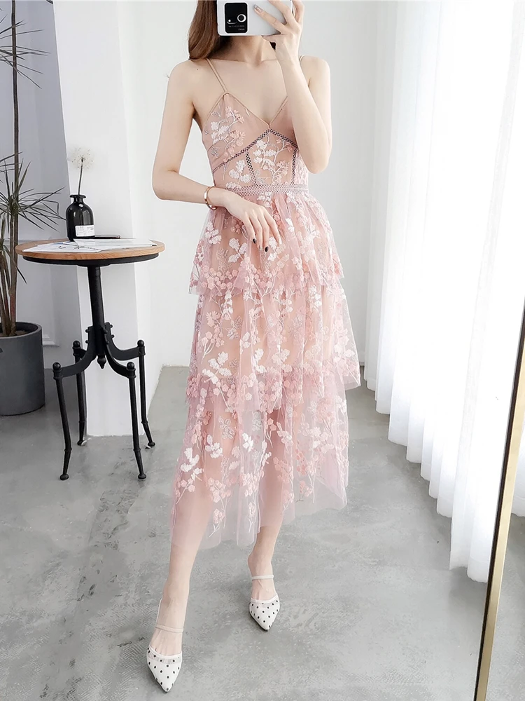

Design Pink Suspender Dress Lace Embroidery Fairy Skirt Perspective High Waist Mesh Small Dress Dress Dress